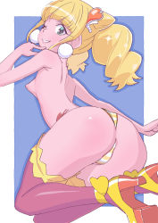 Rule 34 | 1girl, ass, back, black thighhighs, blue background, blunt bangs, breasts, closed mouth, commentary, crotch seam, cure sparkle, earrings, finger to face, floating, from behind, hair ornament, healin&#039; good precure, high heels, highres, hiramitsu hinata, jewelry, legs up, looking at viewer, looking back, magical girl, medium hair, miyagoe yoshitsuki, nipples, one eye closed, outside border, panties, precure, side-tie panties, sidelocks, small breasts, smile, solo, striped clothes, striped panties, thighhighs, thong, topless, twintails, underwear, underwear only, yellow footwear, yellow panties