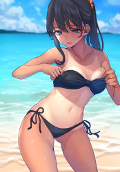 Rule 34 | 1girl, absurdres, adjusting clothes, adjusting swimsuit, bad id, bad pixiv id, bandeau, bare shoulders, beach, bikini, black bikini, black hair, blue eyes, blue sky, blurry, blush, breasts, cloud, collarbone, commentary request, cowboy shot, day, depth of field, gluteal fold, gridman universe, hair between eyes, hair ornament, hair scrunchie, hands up, highres, koh (minagi kou), leaning to the side, light blush, long hair, looking at viewer, medium breasts, navel, ocean, one-piece tan, orange scrunchie, outdoors, parted lips, ponytail, revision, scrunchie, shadow, side-tie bikini bottom, sky, solo, ssss.gridman, standing, stomach, strapless, strapless bikini, swimsuit, takarada rikka, tan, tanline, thighs, water, water drop, wet