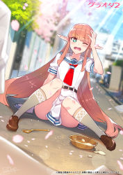 Rule 34 | 1girl, aqua eyes, blue sky, blush, bowl, breasts, brown footwear, cherry blossoms, circe (fate), contemporary, day, fate/grand order, fate (series), highres, kneehighs, light rays, loafers, long hair, looking at viewer, multicolored eyes, neckerchief, one eye closed, open mouth, petals, pink hair, pointy ears, red neckerchief, redrop, sailor collar, school uniform, serafuku, shoes, skirt, sky, socks, solo, spill, spoon, sunlight, white sailor collar, white serafuku, white skirt