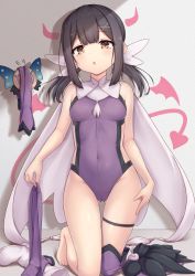 Rule 34 | 1girl, arata (xin), bare shoulders, black hair, blush, boots, breasts, brown eyes, cape, clip studio paint (medium), covered navel, demon girl, demon horns, demon wings, fate/kaleid liner prisma illya, fate (series), feather hair ornament, feathers, hair ornament, hairclip, hand on own thigh, highres, horns, kaleidostick, kneeling, leotard, long hair, looking at viewer, magical girl, magical sapphire, miyu edelfelt, open mouth, purple leotard, small breasts, thigh boots, thigh strap, thighhighs, thighs, twintails, undressing, unworn boots, white cape, wings