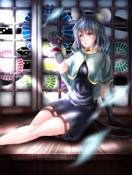 Rule 34 | 1girl, animal ears, arm support, capelet, gloves, grey gloves, grey hair, highres, jewelry, kikumon, looking at viewer, mouse ears, mouse tail, nazrin, red eyes, ring, ring box, short hair, sitting, skirt, skirt set, sliding doors, solo, sunlight, tail, thcapenxer1234, touhou, triangle mouth, veranda, wedding band