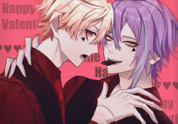 Rule 34 | 2boys, black eyeliner, black vest, blonde hair, blue hair, candy, chocolate, chocolate bar, commentary, double-parted bangs, english text, eyeliner, facial mark, food, food in mouth, from side, gradient hair, hair between eyes, hand on another&#039;s shoulder, happy valentine, heart, heart facial mark, highres, impact (font), kamishiro rui, light blue hair, long bangs, long sleeves, looking at viewer, looking back, lower teeth only, mouth hold, multicolored hair, multiple boys, mumuchin (mmn xb), necktie, open mouth, orange eyes, orange hair, pink background, project sekai, purple hair, red necktie, red shirt, shirt, staring, streaked hair, teeth, teeth hold, tenma tsukasa, tsurime, two-tone hair, upper body, vest, waistcoat, yaoi, yellow eyes