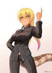 Rule 34 | 1girl, alternate costume, belt, black jacket, black pants, blonde hair, breast pocket, breasts, buttons, closed mouth, collared jacket, fingernails, hair between eyes, hand on own hip, hand up, highres, impossible clothes, impossible jacket, index finger raised, jacket, kashisu mint, kemono friends, king cobra (kemono friends), long hair, long sleeves, medium breasts, multicolored hair, pants, pink hair, pocket, snake tail, solo, tail, tan, twintails, twitter username, two-tone hair, v-shaped eyebrows, yellow eyes