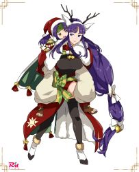 Rule 34 | 2girls, absurdly long hair, altina (fire emblem), altina (winter) (fire emblem), animal ears, antlers, artist name, bell, blue eyes, breasts, cape, carrying, fake animal ears, fire emblem, fire emblem: path of radiance, fire emblem: radiant dawn, fire emblem heroes, full body, fur trim, gloves, green headband, hair ornament, hat, headband, highres, horns, large breasts, long hair, multiple girls, nintendo, official alternate costume, open mouth, pants, parted bangs, piggyback, purple hair, r3dfive, red gloves, reindeer antlers, sanaki kirsch altina, santa hat, smile, teeth, thighhighs, upper teeth only, very long hair, white background, white pants, yellow eyes