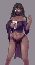 Rule 34 | &gt;:), 1girl, abs, arabian clothes, bare shoulders, black hair, black panties, breasts, choker, cleavage, cleavage cutout, clothing cutout, collarbone, crop top, dancer, dark-skinned female, dark skin, flower, hair flower, hair ornament, hand on own hip, highres, jewelry, large breasts, long hair, long sleeves, looking at viewer, mouth veil, navel, necklace, nofuture, off-shoulder shirt, off shoulder, original, panties, parted lips, pelvic curtain, purple eyes, red flower, red rose, rose, shirt, smile, solo, standing, stomach, underwear, v-shaped eyebrows, veil, wavy hair