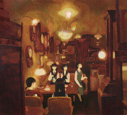 Rule 34 | 5girls, cafe, cat, clock, drink, kumaori jun, light, multiple girls, original, phonograph, school uniform, serafuku, sitting