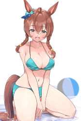 Rule 34 | 1girl, absurdres, ahoge, animal ears, bikini, blue bikini, blue eyes, bow, braid, breasts, brown eyes, brown hair, cleavage, commentary request, highres, horse ears, horse girl, horse tail, kneeling, kntrs (knyrs), large breasts, long hair, looking at viewer, mejiro bright (umamusume), smile, solo, striped, striped bow, swimsuit, tail, twin braids, umamusume, wavy hair