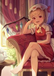 Rule 34 | 1girl, ;d, absurdres, arm support, ascot, bare legs, barefoot, blonde hair, bow, commentary request, couch, crossed legs, crystal, curtains, day, dress, elbow rest, feet, flandre scarlet, frilled shirt collar, frills, goback, hair bow, hand on own cheek, hand on own face, hat, highres, indoors, long hair, looking at viewer, mob cap, on couch, one eye closed, one side up, open mouth, red dress, red eyes, red ribbon, ribbon, sash, shirt, short sleeves, smile, solo, sunlight, table, teapot, teeth, toenails, toes, touhou, upper teeth only, white hat, white shirt, wings, yellow ascot