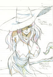Rule 34 | 1girl, absurdres, bare shoulders, breasts, cleavage, collarbone, detached sleeves, dragon&#039;s crown, dress, female focus, hat, hat over one eye, highres, large breasts, one eye covered, partially colored, sketch, solo, sorceress (dragon&#039;s crown), staff, strapless, strapless dress, vanillaware, white background, witch hat, yamazaki masakazu