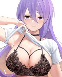 Rule 34 | 1girl, armpits, blonde hair, blush, bra, breasts, choker, cleavage, clothes lift, dobure18, gradient hair, hair between eyes, highres, hololive, hololive indonesia, lace, lace bra, large breasts, lingerie, long hair, looking at viewer, mole, mole on breast, moona hoshinova, multicolored hair, purple eyes, purple hair, shirt, shirt lift, smile, solo, twitter username, two-tone hair, underwear, virtual youtuber, white background