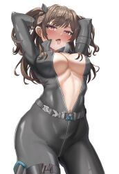 1girl absurdres arms_behind_head belt black_bodysuit blush bodysuit breasts brown_dust_(series) brown_dust_2 brown_eyes brown_hair cleavage eyebrows_hidden_by_hair heart heart-shaped_pupils heavy_breathing highres large_breasts looking_at_viewer medium_hair navel open_mouth partially_unzipped scheherazade_(brown_dust) short_twintails simple_background solo symbol-shaped_pupils thigh_strap tongue tongue_out twintails underboob white_background xdl