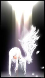 Rule 34 | 1girl, arms at sides, black background, black border, black ribbon, bloom, blue eyes, border, breasts, circle name, dark, falling feathers, feathers, from side, glowing, glowing hair, glowing wings, grey shirt, hair censor, head tilt, light, light particles, looking at viewer, matsumoto tomoki, open clothes, open shirt, original, parted lips, ribbon, shirt, small breasts, solo, upper body, white hair, white wings, wings