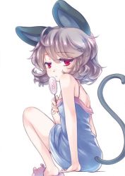 Rule 34 | 1girl, alternate costume, animal ears, back, candy, dress, food, grey hair, iris anemone, lollipop, looking at viewer, looking back, mouse ears, mouse tail, nazrin, red eyes, short hair, simple background, sitting, sleeveless, solo, tail, touhou, white background