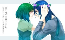 Rule 34 | 1boy, 1girl, 6y u th0, ahoge, alternate costume, alternate hairstyle, blue hair, character name, couple, dated, eye contact, eyelashes, from side, green hair, hair down, happy birthday, head wreath, hetero, holding hands, long hair, looking at another, macross, macross frontier, ranka lee, red eyes, saotome alto, short hair, smile