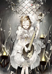 Rule 34 | 1girl, blonde hair, candle, closed eyes, flower, gloves, hair ornament, inpells, instrument, music, open mouth, original, short hair, singing, sitting, solo