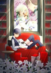 Rule 34 | 1girl, armchair, artist name, bakemonogatari, black hair, black pants, black ribbon, black vest, book, book stack, bookshelf, breasts, brown eyes, brown footwear, casual, chair, closed mouth, commentary, flower, from side, glass, hair between eyes, highres, holding, holding book, indoors, kanbaru suruga, knees up, leaning back, lily (flower), long hair, long sleeves, looking at viewer, looking to the side, lounging, mars symbol, monogatari (series), neck ribbon, no socks, on chair, open book, pants, pillow, portrait (object), reading, ribbon, shirt, shoes, small breasts, smile, solo, table, tomboy, twitter username, very long hair, vest, watermark, white flower, white shirt, yoruno mani