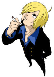 Rule 34 | 1boy, 610106, blonde hair, blue shirt, cigarette, facial hair, formal, full body, goatee, hair over one eye, male focus, one piece, open collar, sanji (one piece), shirt, simple background, smoking, solo, standing, suit