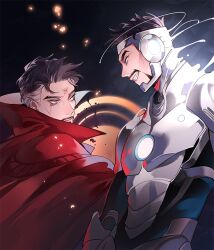 Rule 34 | 2boys, arc reactor, armor, black armor, black background, black hair, blue eyes, cloak, closed mouth, commentary, doctor strange, english commentary, facial hair, fang, full armor, grey hair, injury, iron man, kottie, looking at another, male focus, marvel, multicolored armor, multicolored hair, multiple boys, power armor, red cloak, scar, scar on face, scar on forehead, short hair, simple background, smile, teeth, tony stark, two-tone hair, v-shaped eyebrows, white armor