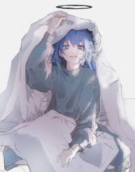 Rule 34 | 1girl, absurdres, arknights, blue eyes, blue hair, blush, commentary, elyzerda, english commentary, grey sweater, halo, highres, long hair, long sleeves, looking at viewer, mostima (arknights), open mouth, simple background, solo, sweater, under covers, white background