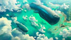 Rule 34 | absurdres, animal, animal focus, cloud, commentary, english commentary, flying, flying whale, highres, island, no humans, ocean, original, outdoors, sky, tree, vsales, water, whale