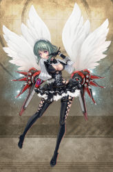 Rule 34 | 1girl, aro (charged time out), breasts, cleavage, cleavage cutout, clothing cutout, dress, female focus, full body, gloves, green hair, headdress, high heels, highres, large breasts, lolita fashion, maid headdress, mecha musume, original, pink eyes, shoes, short hair, solo, wings