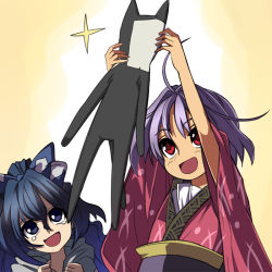 Rule 34 | 2girls, :d, ahoge, blue bow, blue eyes, blue hair, bow, clenched hands, commentary request, gradient background, grey hoodie, hair bow, head tilt, holding, holding stuffed toy, hood, hoodie, japanese clothes, kimono, long hair, long sleeves, looking up, multiple girls, no headwear, obi, open mouth, purple hair, red eyes, red kimono, sash, short hair, smile, sparkle, stuffed animal, stuffed cat, stuffed toy, sukuna shinmyoumaru, syope, tears, touhou, upper body, white background, wide sleeves, yellow background, yellow sash, yorigami shion
