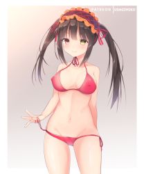 Rule 34 | 1girl, alternate costume, bad id, bad pixiv id, bare shoulders, bikini, black hair, blush, breasts, collarbone, commentary request, date a live, covered erect nipples, hairband, heterochromia, large breasts, lolita hairband, long hair, looking at viewer, navel, red bikini, red eyes, red ribbon, ribbon, smile, solo, swimsuit, tokisaki kurumi, twintails, usagimiko, yellow eyes