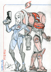 Rule 34 | 1girl, alex ahad, arm cannon, armor, blue eyes, bodysuit, boots, breasts, character name, colored pencil (medium), covered navel, dual persona, gun, hand on own hip, handgun, helmet, highres, logo, long hair, metroid, narrow waist, nintendo, pistol, power armor, power suit, samus aran, scrunchie, sketch, skin tight, symbol, thigh boots, thighhighs, traditional media, varia suit, weapon, zero suit