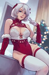 Rule 34 | 1girl, bare shoulders, blue eyes, bow, christmas, christmas tree, curtains, curvy, elbow gloves, gloves, grey hair, groin, hair between eyes, hair bow, hair ornament, highleg, highleg leotard, highres, indoors, leotard, lips, nier:automata, nier (series), no blindfold, red bow, red gloves, red leotard, short hair, sitting, sneakveek, solo, thighhighs, two-tone gloves, white gloves, white leotard, white thighhighs, wide hips, 2b (nier:automata)