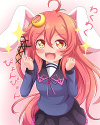 Rule 34 | + +, 10s, 1girl, :d, ahoge, animal ears, bad id, bad pixiv id, black ribbon, black skirt, blush, clenched hands, crescent, crescent hair ornament, fang, hair ornament, hair ribbon, kantai collection, long hair, long sleeves, open mouth, pink hair, rabbit ears, red eyes, ribbon, school uniform, sills, skirt, smile, solo, sparkling eyes, uzuki (kancolle)