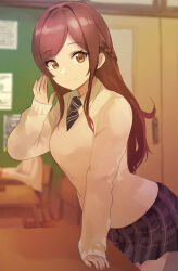 Rule 34 | 1girl, 1other, black skirt, blurry, blurry background, braid, breasts, brown hair, classroom, depth of field, diagonal-striped clothes, diagonal-striped necktie, highres, idolmaster, idolmaster shiny colors, indoors, kadomaki madoka, long hair, long sleeves, looking at viewer, medium breasts, necktie, osaki amana, plaid, plaid skirt, pleated skirt, school uniform, skirt, smile, striped clothes, sweater, swept bangs, very long hair, white sweater