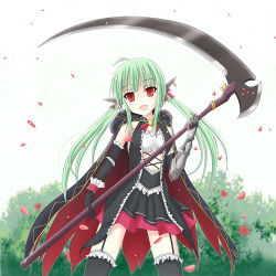 Rule 34 | 10s, 1girl, battle girl high school, cape, empty eyes, green hair, long hair, looking at viewer, red eyes, sadokurone, sadone, scythe, solo, thighhighs, twintails, weapon