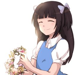 Rule 34 | 1girl, ^ ^, aged down, aya drevis, bad id, bad pixiv id, black hair, blunt bangs, blush, bow, closed eyes, collared shirt, dress, flower, hair bow, hair ornament, head wreath, hiki-wota, holding, long hair, mad father, open mouth, shirt, sidelocks, smile, solo, sunlight
