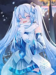 Rule 34 | 1girl, banner, bare shoulders, blue hair, blue necktie, blurry, blurry background, closed eyes, commentary, cowboy shot, detached sleeves, earmuffs, grey skirt, grey sleeves, grey thighhighs, hair ornament, hatsune miku, highres, huyu hakuyami, lamppost, light blue hair, light blush, long hair, miniskirt, mittens, necktie, night, open mouth, outdoors, pleated skirt, scarf, shirt, skirt, sleeveless, sleeveless shirt, smile, snow, snowflake print, snowflakes, snowing, solo, sparkle, thighhighs, twintails, very long hair, vocaloid, white mittens, white scarf, white shirt, yuki miku, yuki miku (2011), yuki miku (2023)