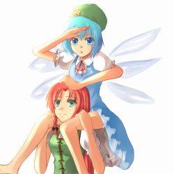 Rule 34 | 2girls, blue eyes, blue hair, braid, carrying, china dress, chinese clothes, cirno, dress, female focus, foro (planet cage), green eyes, hat, hong meiling, long hair, multiple girls, o kawa, red hair, ribbon, short hair, shoulder carry, embodiment of scarlet devil, touhou, wings