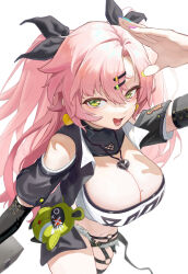 Rule 34 | 1girl, absurdres, bangboo (zenless zone zero), bare shoulders, black ribbon, black shorts, breast focus, breasts, cleavage, crop top, cutoffs, from above, green eyes, hair ornament, hair ribbon, hairclip, highres, large breasts, long hair, looking at viewer, looking up, midriff, miso jelly, mole, mole on breast, navel, nicole demara, open mouth, pink hair, ribbon, shorts, simple background, smile, solo, strapless, tube top, two side up, white background, zenless zone zero