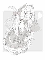 Rule 34 | 1girl, :p, animal ear fluff, animal ears, bare shoulders, blush, bow, breasts, cat ears, cat girl, cat tail, closed mouth, cropped legs, detached sleeves, dress, frilled dress, frilled sleeves, frills, grey background, greyscale, hand up, heart, highres, hololive, juliet sleeves, long hair, long sleeves, looking at viewer, medium breasts, monochrome, murasaki shion, murasaki shion (gothic lolita), pantyhose, paw pose, puffy sleeves, smile, tail, tail bow, tail ornament, tail raised, techi (siro-white 0803), tongue, tongue out, two-tone background, very long hair, virtual youtuber, white background