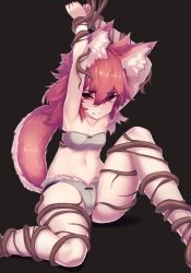 Rule 34 | 1girl, animal ears, armpits, bandeau, black background, bound, bound wrists, breasts, cleavage, dev (dev0614), hair between eyes, highres, looking at viewer, messy hair, original, plant roots, red eyes, red hair, simple background, sitting, solo, stomach, tagme, tail, thick eyebrows, wolf ears, wolf tail