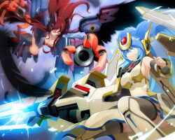 Rule 34 | 2girls, arm cannon, bare shoulders, black feathers, black wings, blue eyes, blue hair, breasts, claw (weapon), cleavage, cosmic break, detached sleeves, feathers, glowing, glowing eyes, headgear, huge weapon, kisrill, large breasts, lily rain, lily rain eve, long hair, mecha musume, multiple girls, red hair, sideboob, thighhighs, twintails, wakaba sprout, weapon, wings