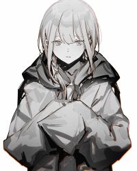Rule 34 | 1girl, braid, closed mouth, commentary request, expressionless, greyscale, hair between eyes, highres, jacket, long hair, long sleeves, monochrome, original, simple background, sleeves past wrists, solo, suiso (owp), upper body, white background