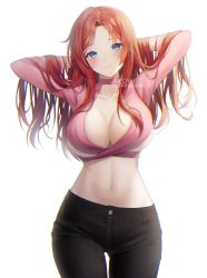 Rule 34 | 1girl, absurdres, arms up, artist name, bad id, bad pixiv id, black pants, blue eyes, blush, breasts, cleavage, closed mouth, collarbone, commission, cowboy shot, crop top, forehead, gluteal fold, hands in hair, head tilt, highres, large breasts, long hair, looking at viewer, meoyo, midriff, navel, original, pants, parted bangs, red hair, revealing clothes, simple background, solo, stomach, underboob, white background