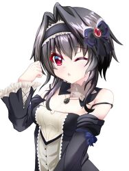Rule 34 | 1girl, 9-nine-, arm strap, black bow, black dress, black gemstone, black hair, black hairband, black sleeves, blue bow, blush, bow, breasts, center frills, chest jewel, choker, cleavage, clenched hand, colored eyelashes, dress, eyelashes, frilled hairband, frilled sleeves, frills, furrowed brow, gem, gothic lolita, hair between eyes, hair intakes, hairband, hand up, hat, hat bow, highres, jewelry, lolita fashion, long sleeves, necklace, off shoulder, one eye closed, open mouth, red eyes, red gemstone, short hair with long locks, simple background, small breasts, solo, upper body, white background, white choker, wide sleeves, yusana, yuuki noa
