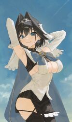 Rule 34 | 1girl, absurdres, arch 05x, armpits, arms behind head, black hair, black skirt, black thighhighs, blue bow, blue cape, blue eyes, blue sky, bow, bow earrings, breasts, cape, chain, chain headband, cleavage cutout, closed mouth, clothing cutout, cloud, commentary, cowboy shot, detached sleeves, earrings, english commentary, frilled skirt, frills, hair between eyes, hair intakes, heart-shaped gem, highres, hololive, hololive english, jewelry, large breasts, light smile, long sleeves, looking at viewer, miniskirt, ouro kronii, ouro kronii (1st costume), shirt, short hair, skirt, sky, sleeveless, sleeveless shirt, solo, thighhighs, underboob, virtual youtuber, white sleeves