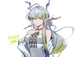 Rule 34 | 1girl, absurdres, ahoge, arknights, bare shoulders, blonde hair, blue eyes, blue hair, choker, commentary request, grey eyes, grey hair, highres, horns, izsly, jewelry, long hair, looking at viewer, multicolored hair, necklace, off shoulder, pointy ears, shu (arknights), simple background, smile, solo, strapless, streaked hair, tube top, upper body, very long hair, white background