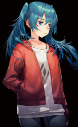 Rule 34 | 1girl, amo (silent bomb19), aqua eyes, aqua hair, arm at side, bad id, bad pixiv id, black background, cowboy shot, denim, hand in pocket, hatsune miku, highres, jacket, jeans, long hair, long sleeves, looking to the side, pants, pocket, red jacket, simple background, solo, suna no wakusei (vocaloid), twintails, vocaloid