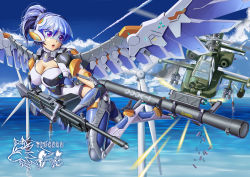 Rule 34 | 1girl, agm-114 hellfire, ah-64 apache, air-to-surface missile, aircraft, anti-tank guided missile, anti-tank missile, assault rifle, attack helicopter, blue hair, breasts, bzs (kage no shinobu), cloud, day, firing, gun, gunship, headgear, helicopter, helicopter gunship, highres, large breasts, m1 bazooka, m261, m299, mecha musume, mechanical wings, missile, missile launcher, missile pod, missile rack, ocean, original, precision-guided munition, red eyes, rifle, rocket launcher, rocket pod, shell casing, skin tight, surface-to-surface missile, visor, weapon, wind turbine, windmill, wings