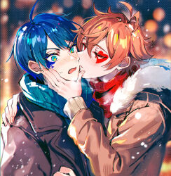 Rule 34 | 2boys, ace trappola, ahoge, blue hair, blue scarf, blush, deuce spade, eyelashes, fang, green eyes, hair between eyes, imminent kiss, looking at another, male focus, multiple boys, onko, open mouth, orange hair, plaid, plaid scarf, red eyes, red scarf, ringed eyes, scarf, short hair, snowing, surprised, twisted wonderland, upper body, wide-eyed, winter, yaoi