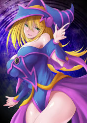 Rule 34 | 1girl, absurdres, between legs, blonde hair, blue hat, blush stickers, breasts, curvy, dark magician girl, duel monster, green eyes, hair between eyes, hat, highres, large breasts, long hair, looking at viewer, magical girl, othellonia teru, outdoors, seductive smile, shiny skin, skirt, smile, solo, very long hair, wide hips, wizard hat, yu-gi-oh!, yu-gi-oh! duel monsters