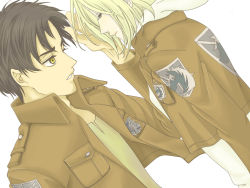 Rule 34 | 1boy, 1girl, annie leonhart, bad id, bad pixiv id, blonde hair, blush, brown hair, closed eyes, dutch angle, eren yeager, expressionless, jacket, long sleeves, looking back, open clothes, open jacket, pocket, shingeki no kyojin, short hair, simple background, uniform, white background, yellow eyes