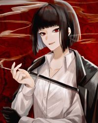 Rule 34 | 1girl, black coat, black gloves, black hair, cigarette, coat, coat on shoulders, gloves, highres, holding, holding cigarette, limbus company, looking at viewer, open mouth, project moon, red background, red eyes, ryoshu (project moon), sabayu 05, shirt, short hair, single glove, smile, smoke, white shirt